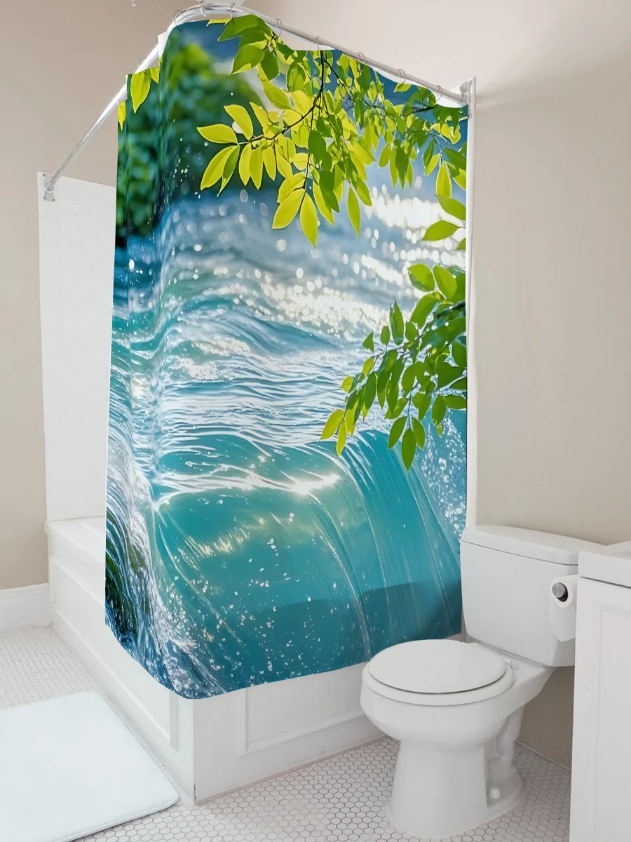 Fresh Waterfall and Green Leaves Shower Curtain for Bathroom - Nature Scene Decorative Waterproof Durable  Rustproof Hooks‌