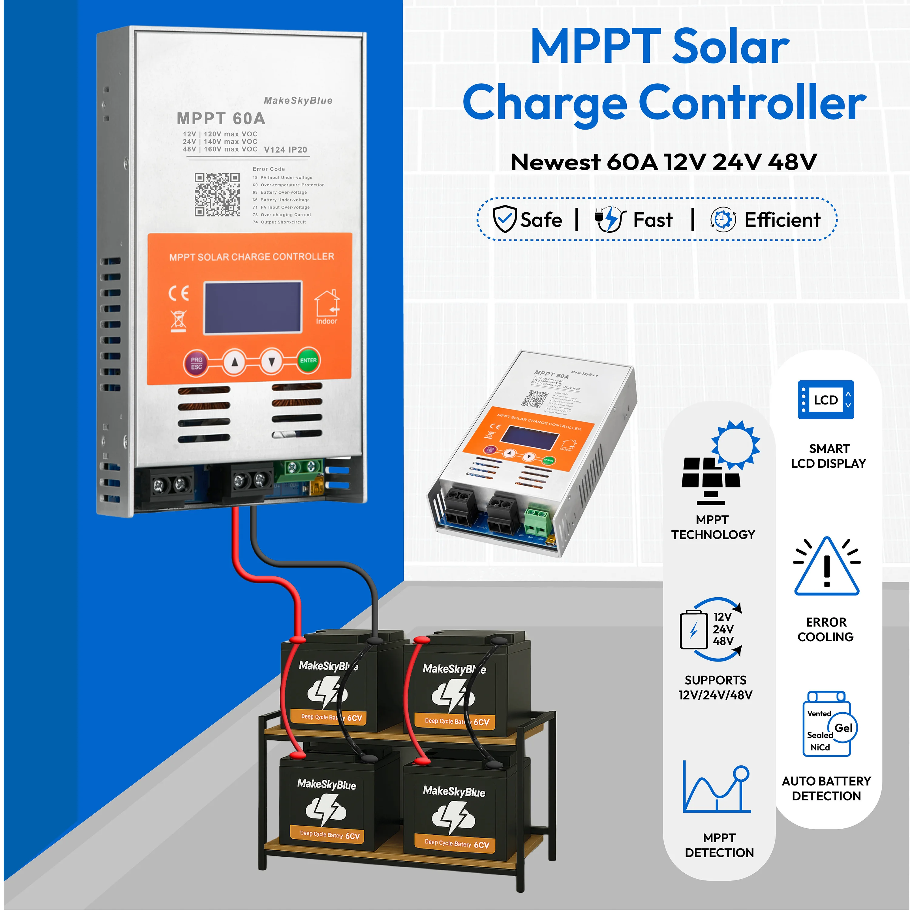 MakeSkyBlue Atualizado 60A 12V 24V 48V MPPT Controlador de carga solar V124 para bateria de chumbo-ácido ou bateria de lítio
