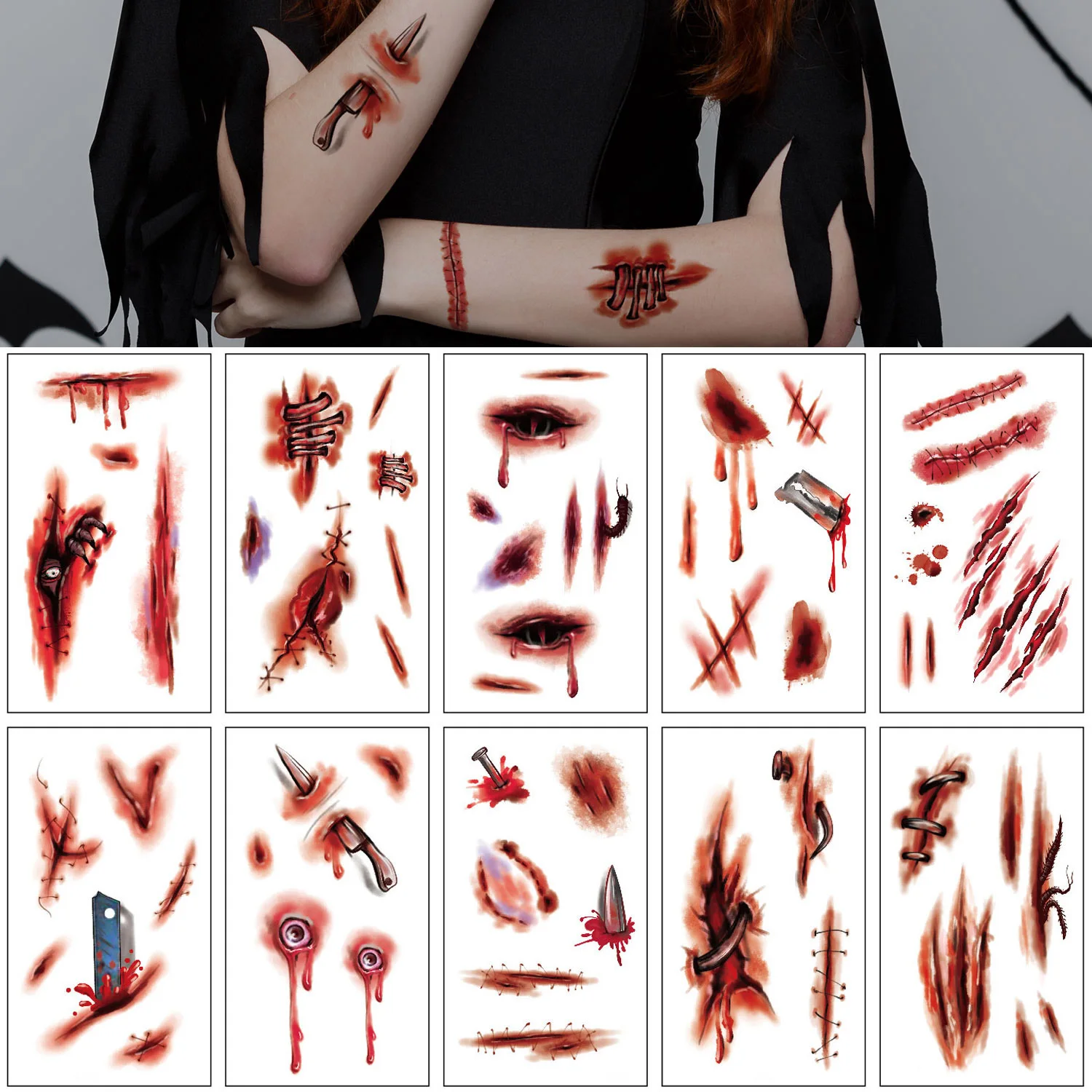 10Pcs Temporary Tattoo Stickers, Halloween Fake Scar Series, Waterproof Temporary Tattoos, Easy to Use, Perfect for Party Pranks