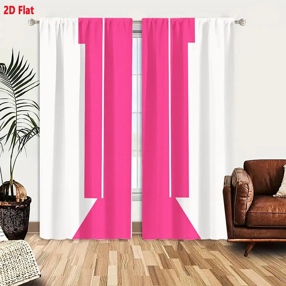 2Pcs Curtains 2D Flat Abstract Geometric Design Bright Pink Shape With Vertical White Lines On White Background Window Drapes fo