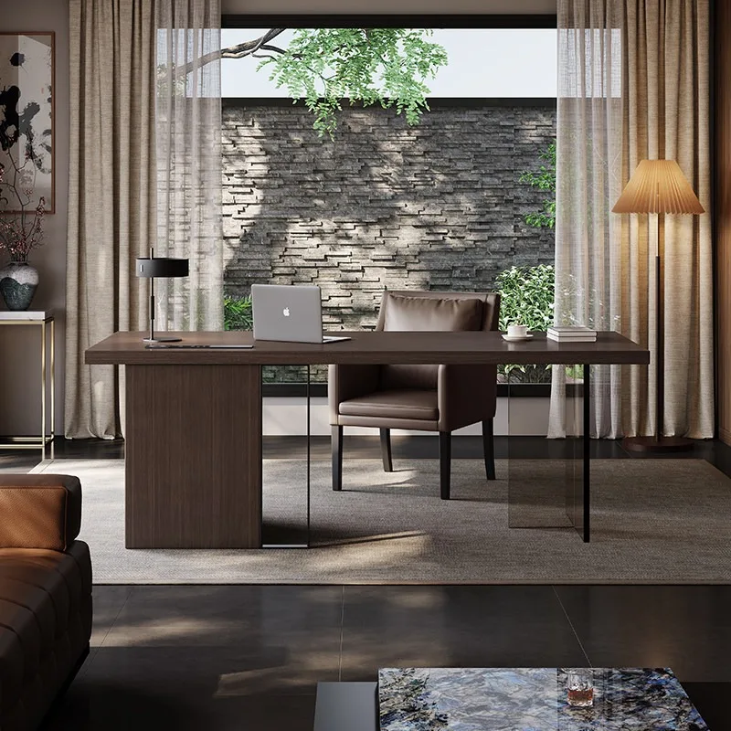 Italian light luxury acrylic floating desk, high-end minimalist modern computer with solid wood desk in home living room