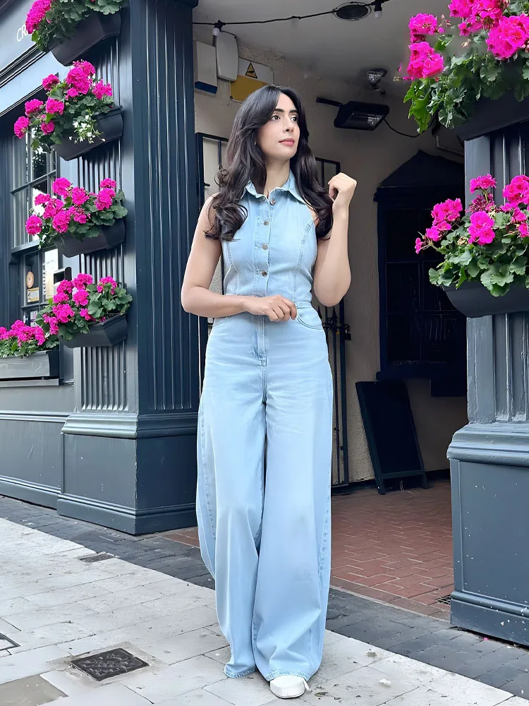 ​​HH Women Fashion Jumpsuit Denim Blue Sleeveless Backless Pockets Single Breasted Female Summer High Street Jumpsuits
