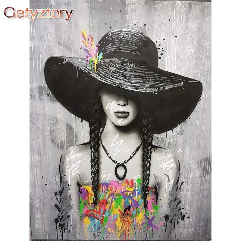 

GATYZTORY 60x75cm Painting By Numbers Woman In Black Hat DIY Frameless Pictures By Numbers On Canvas Wall Art For Home Decor