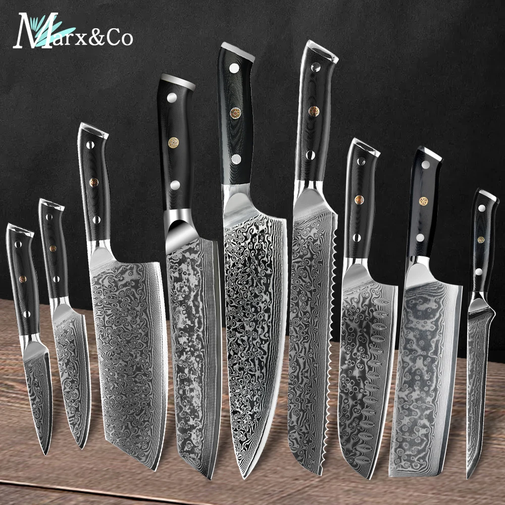 

Damascus Knives Kitchen Knives Set VG10 67 Layer Stainless Steel Chef Cleaver Bread Japanese Santoku Knife Full Tang G10 Handle