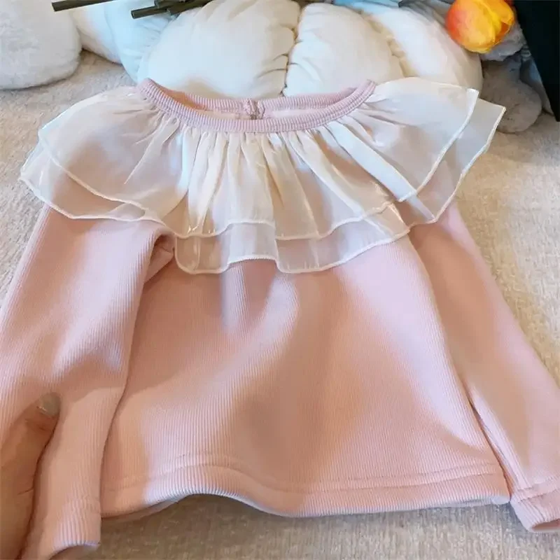 

Теплый Бархатный свитер с оборками на воротнике для маленьких девочек, элегантный свитер принцессы на день рождения, детская зимняя одежда, 2023