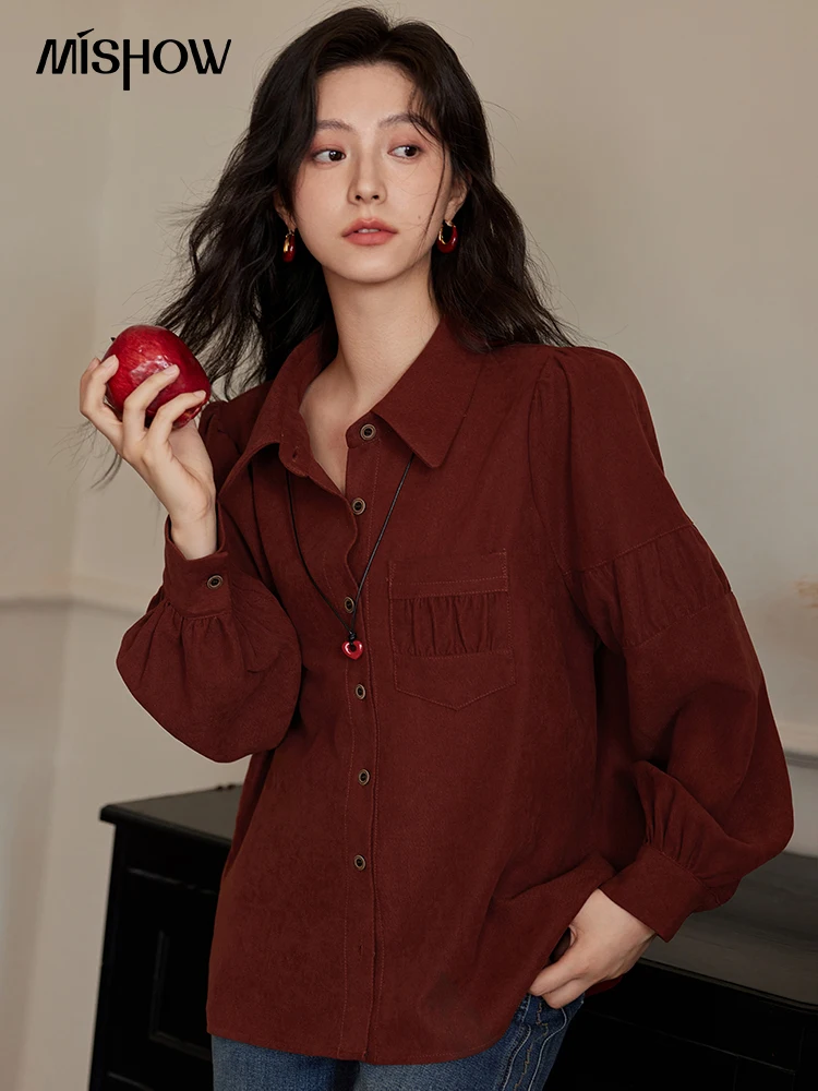 MISHOW Red Milled Shirt Women 2024 Autumn Winter New French Retro Design Turn Down Collar Lantern Sleeve Blouse Tops MXD45C0328