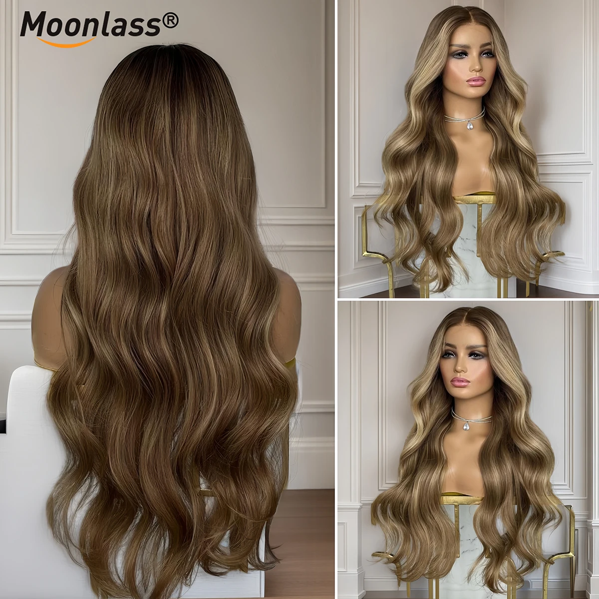 Moonlass ضبابي مذهب براون Balayage اللون بيتشي موجة 100% عذراء شعر مستعار 260 الكثافة قطعة المال تسليط الضوء على 13x6 ترقية الدانتيل
