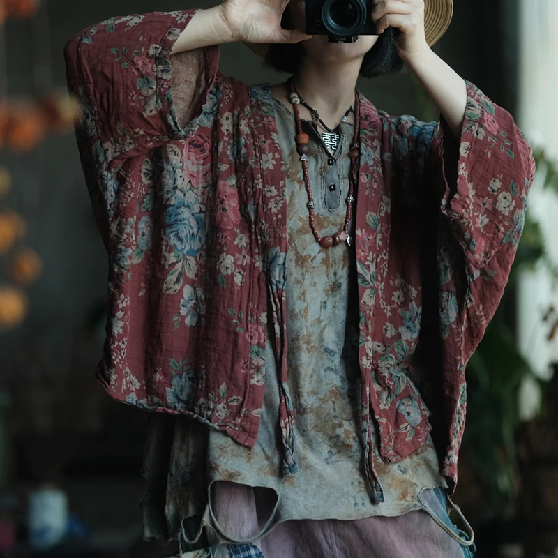 Oversized Women Casual Cotton Shirt New 2025 Spring Vintage Style Floral Print Loose Female Batwing Sleeve Tops Shirts M1391 - Image 3
