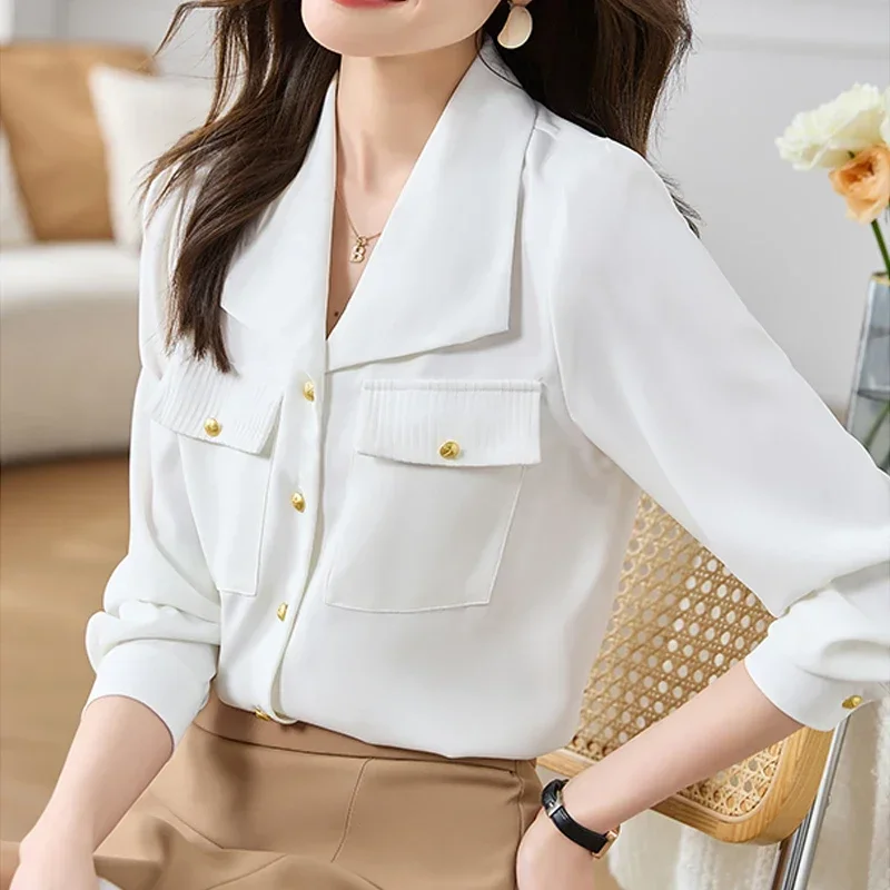 

2023 Fashion Elegant White Shirt with Pocket V-Neck Women Simple Blouse Autumn Office Lady Long Sleeve Tops Blusas Clothes 29324