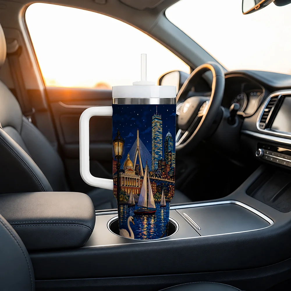 40oz Boston Cityscape Tumbler with Handle Straw Stainless Steel Insulated Travel Mug Vintage Travel Gift Souvenir Vacuum Flasks