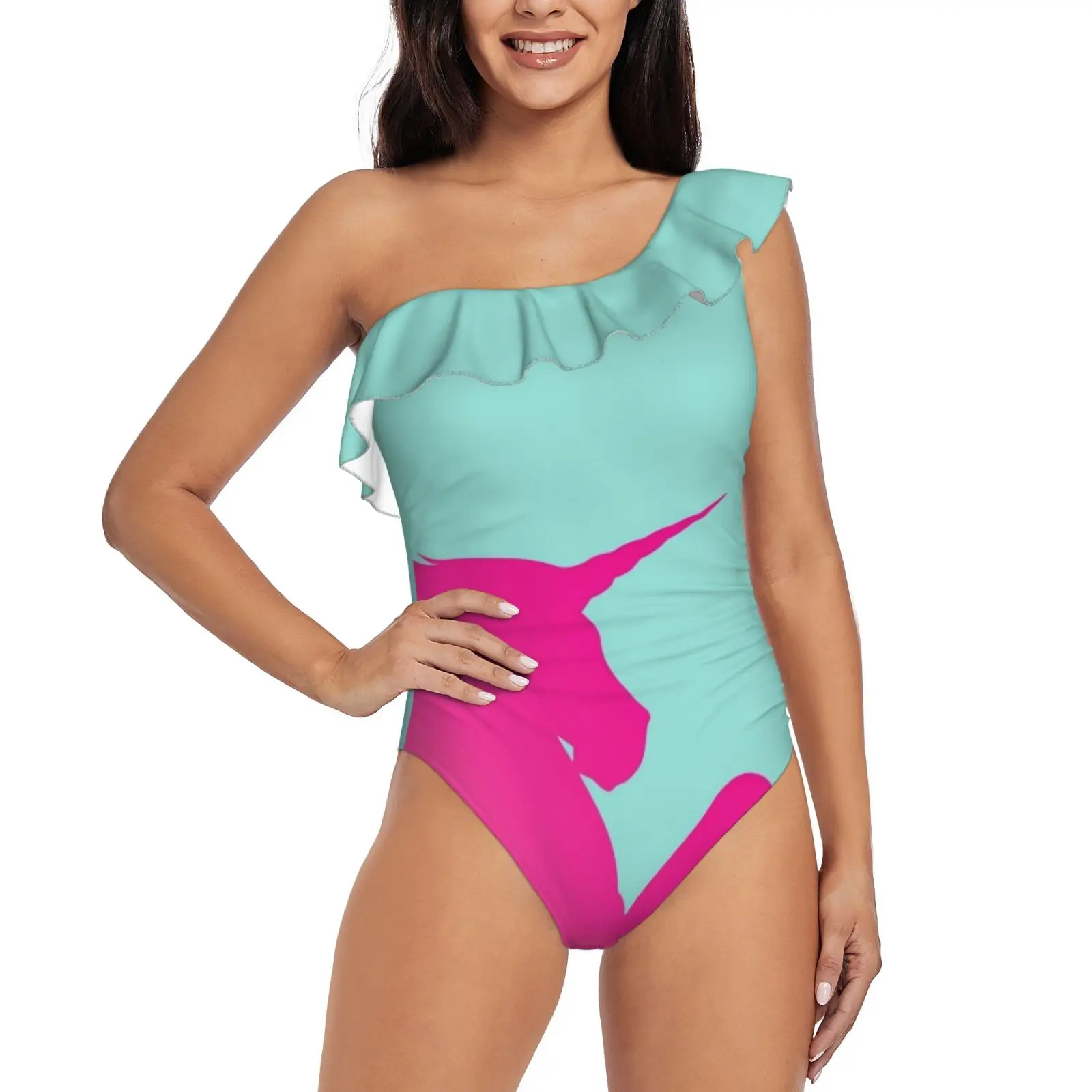 

Розовый и бирюзовый Единорог на одно плечо, фотосексуальный слитный купальник, женский купальник, монокини, единорог, Розовый Единорог, бирюзовый