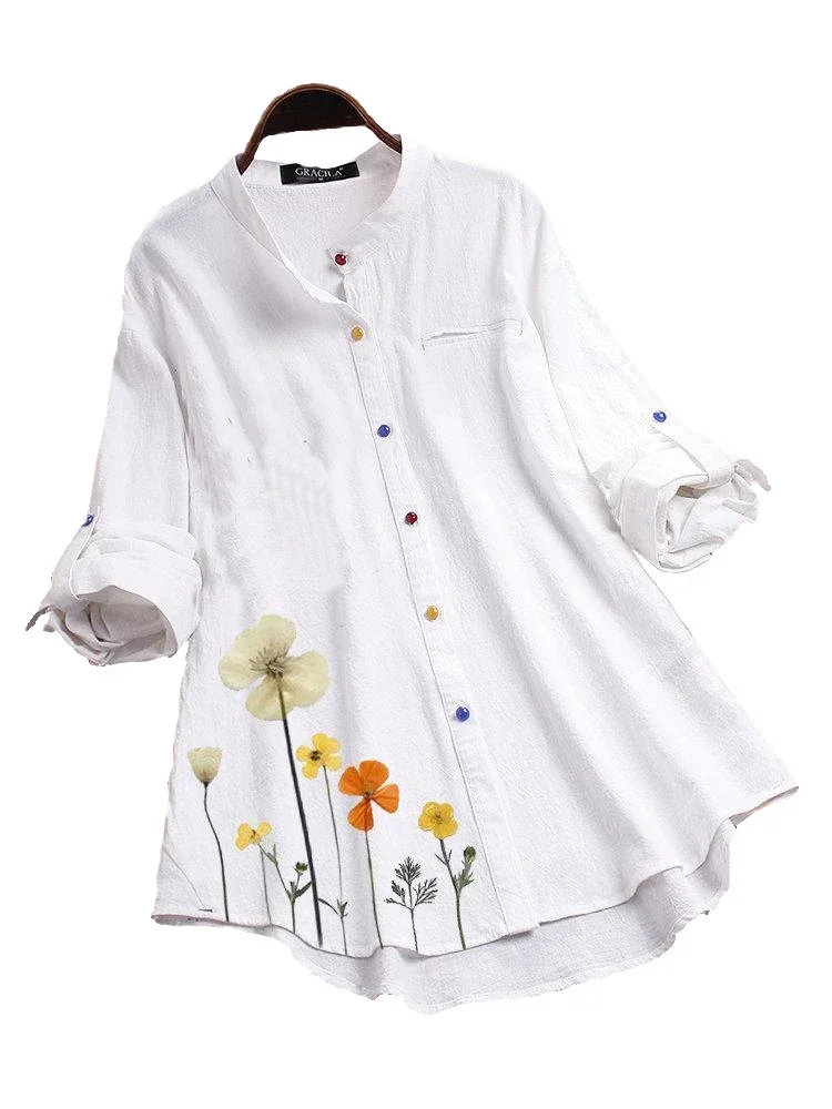 

Spring Summer New Women Button Down Round Neck Shirt Classic Long Sleeved Fashion Shirt Floral Pattern Office Work Female Blouse