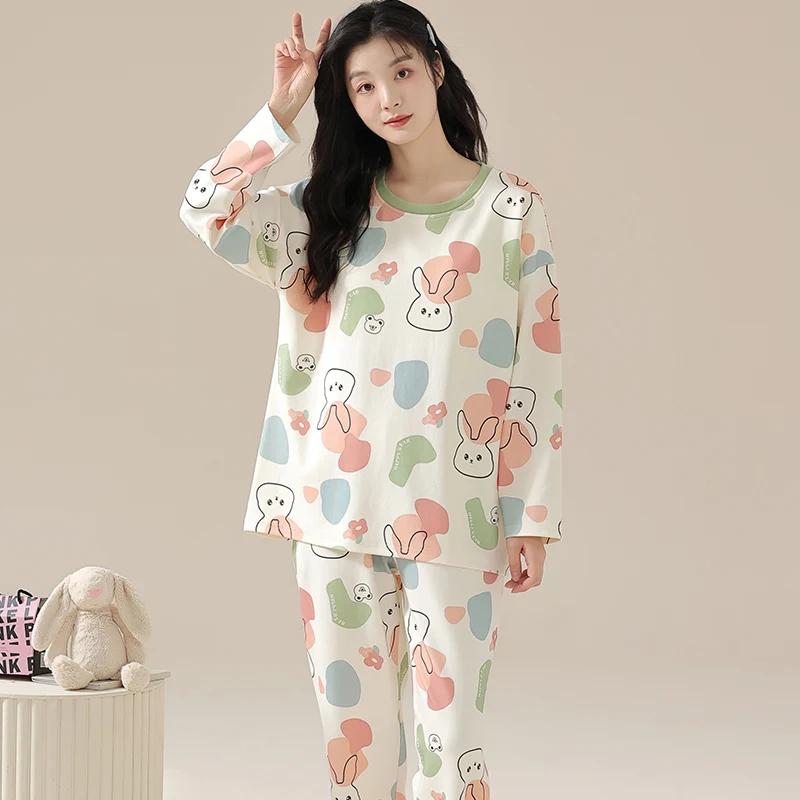 Rabbit Women Pajamas Sets Pullover Long Sleeves Long Pants Autumn Winter Cute Pyjamas Soft Sleepwear Cozy Pijamas Lady Girls Pjs