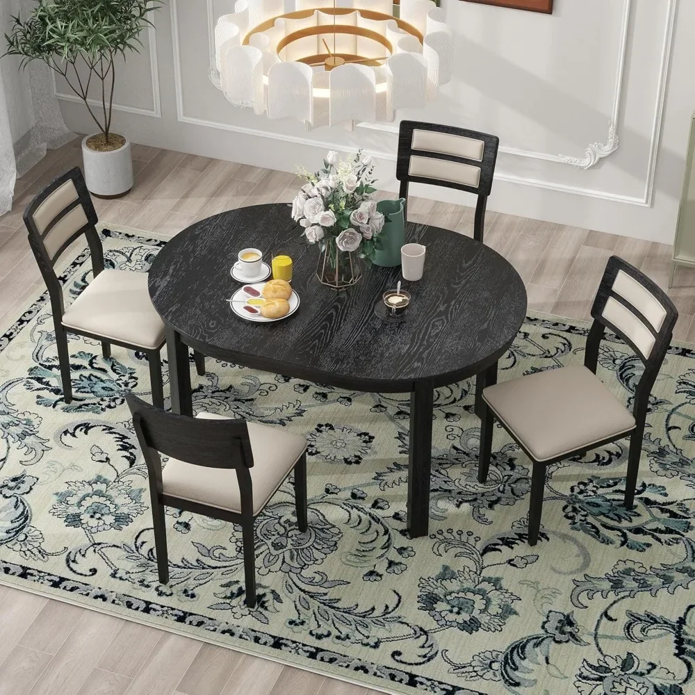 Round dining table set for 4 people, 5-piece extendable kitchen table and chair set of 4 with 4 upholstered chairs and 2 drawers