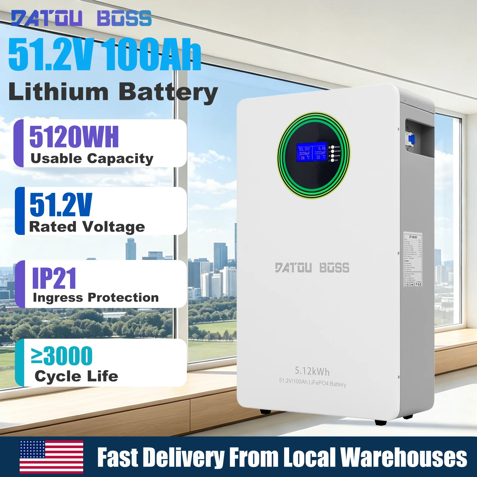 MFUZOP Home Energy Storage Battery Pack 48V 100Ah 5.12kWh LiFePO4 Wall-Mounted Battery With LED Display System For Households
