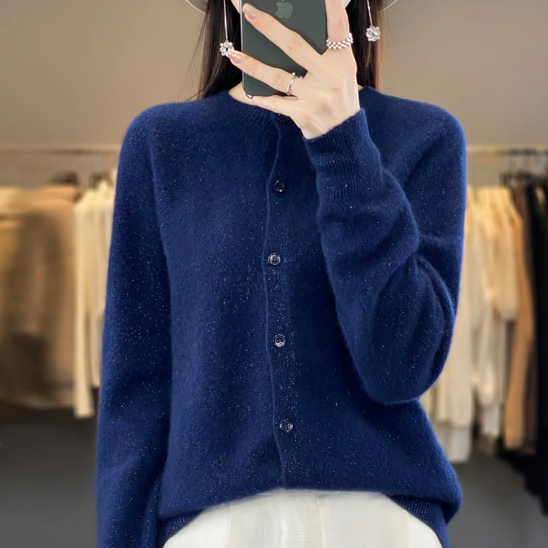 New Fashion O-neck Sweater Cardigan Women Autumn Winter 100% Merino Wool Sweaters 2024 Female Clothe Knitted Long Sleeve Tops