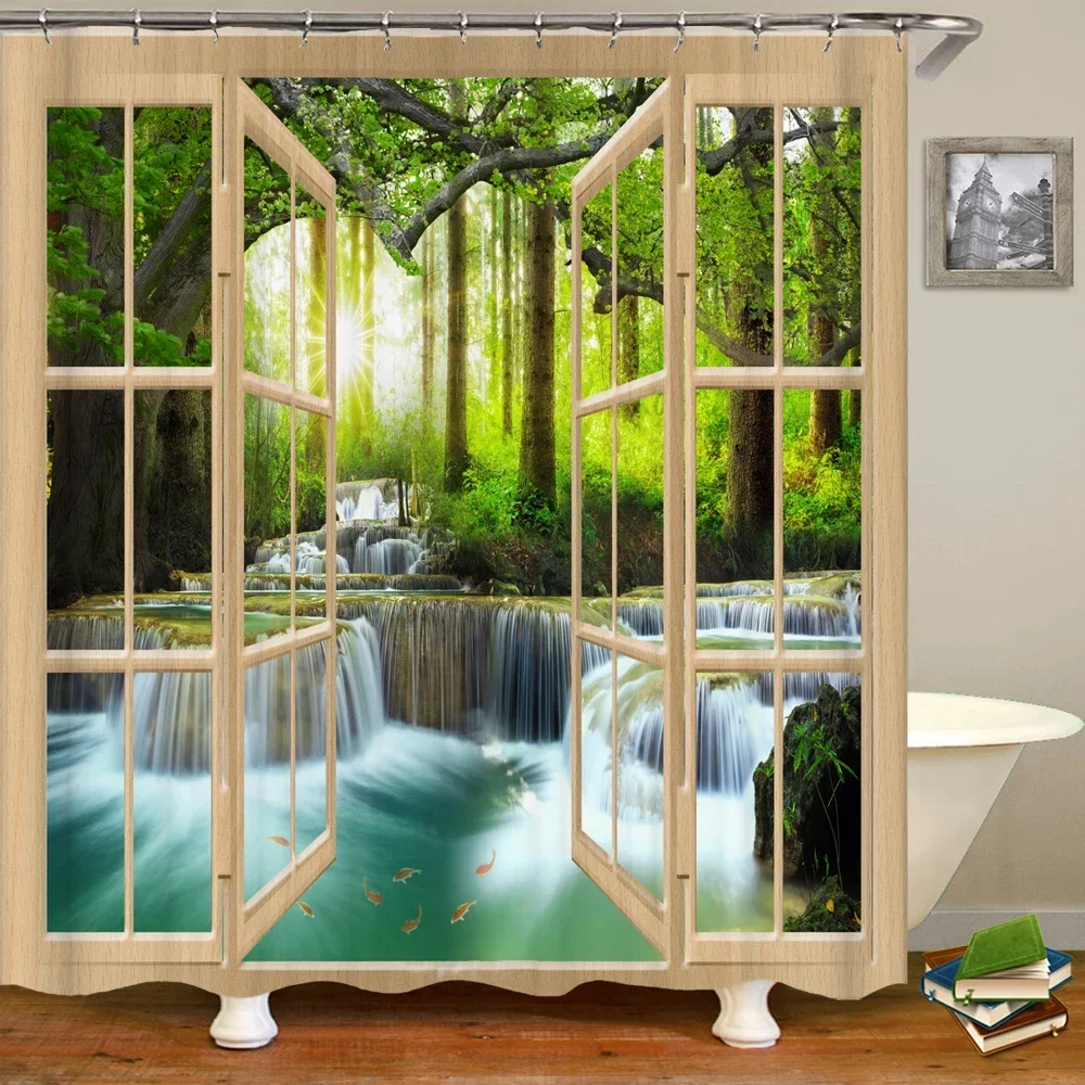 

Декоративная Водонепроницаемая занавеска для душа, Полиэстеровая декоративная штора с крючком, с ландшафтным принтом, Для Открывания Окна, ванной комнаты