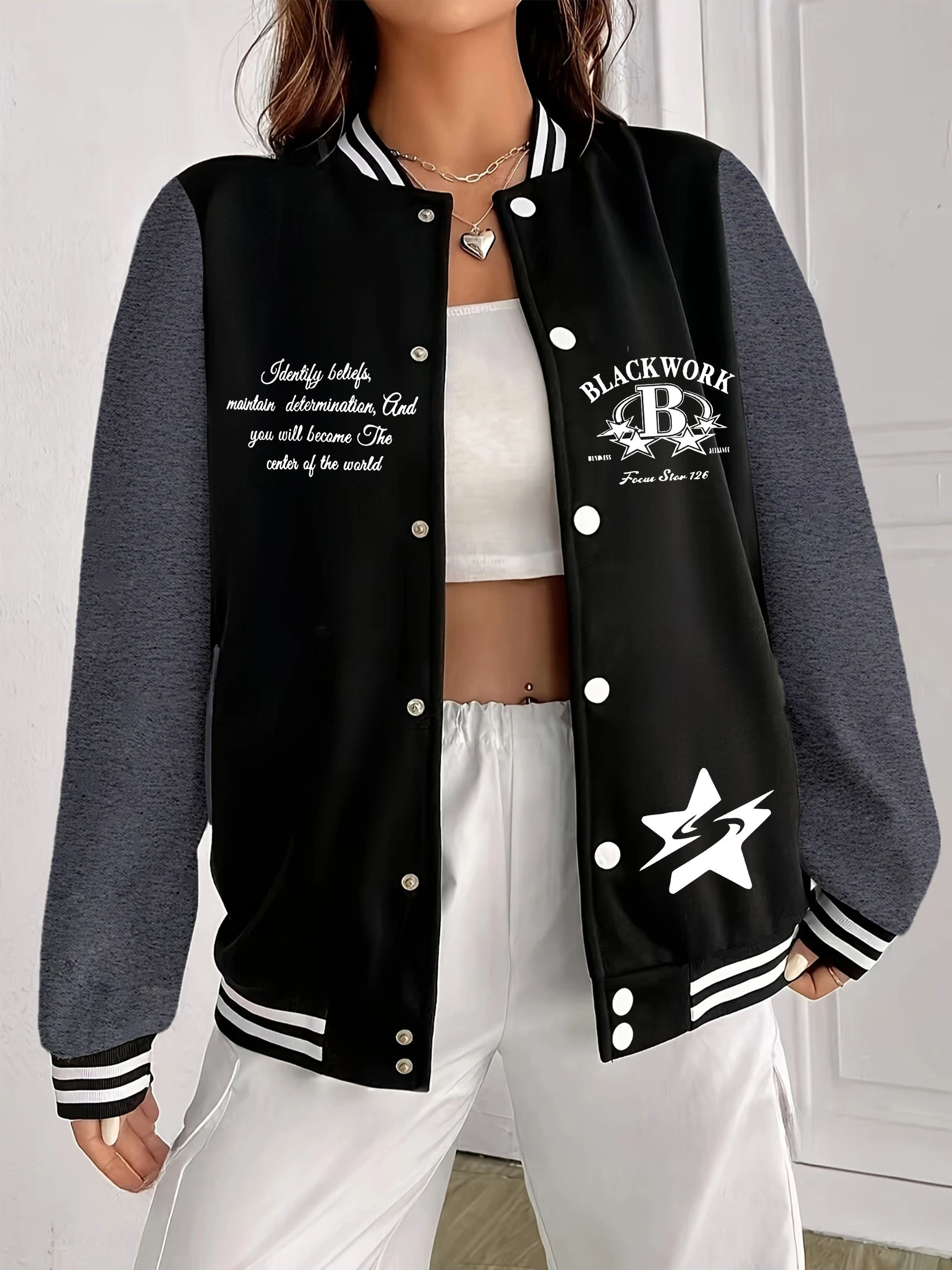 

Витая куртка с принтом пентаграммы Blackwork, женская осенняя свободная бейсбольная форма, повседневная флисовая уличная одежда, американское пальто на пуговицах
