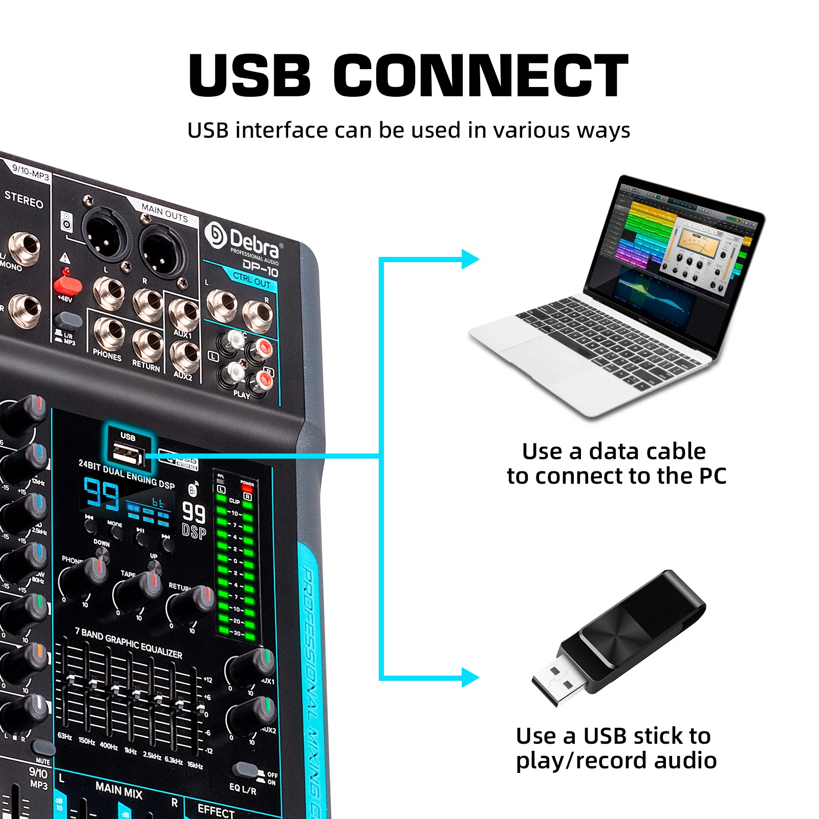 Imagem -05 - Audio Mixer para Performance Profissional dj Controller 99 Dsp 10-channel Reverb Mixer de Gravação com Bluetooth 5.0 Debra-dp10