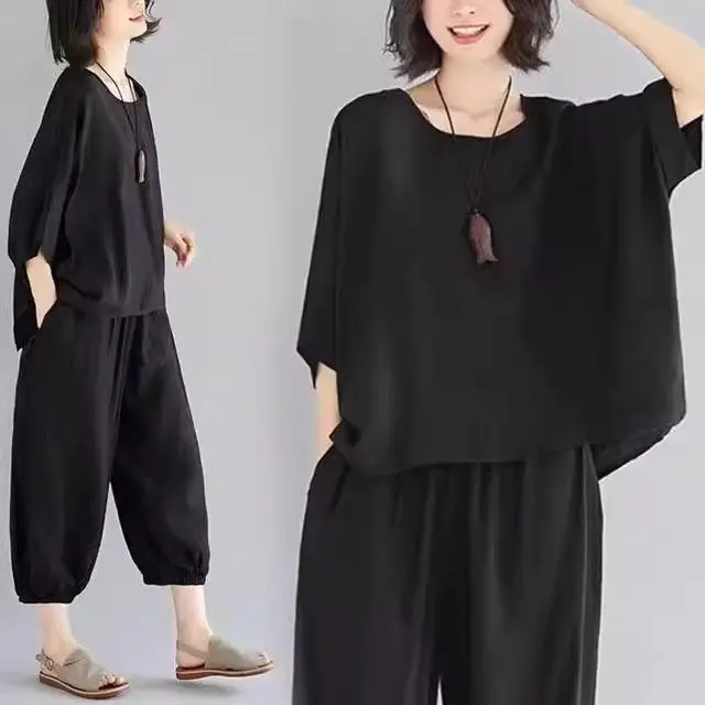 

Loose Cotton Linen Sportswear Set Casual Top Bottoms Two Piece Set Korean Style plus Size Women's Summer Fashion Ensemble