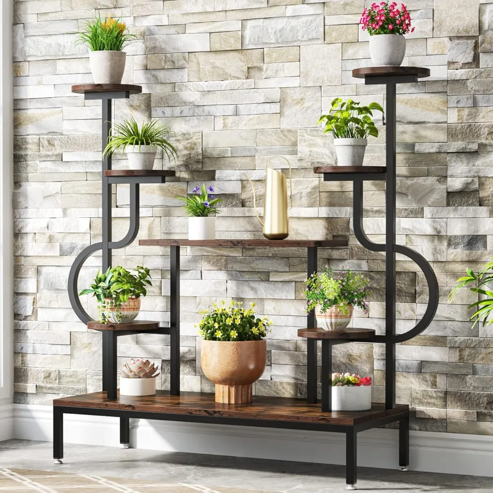 

8-Tier Metal Plant Stand, Large Tall Plant Shelf for Multiple , Round & Square Boards, Wood Indoor Ladder Holder Flower Rack