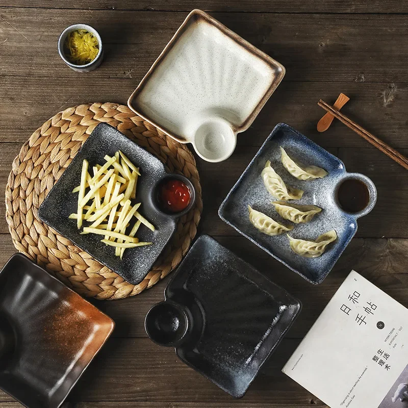 Square Ceramic Dumpling Plate With Built-in Vinegar Dipping Tray Divided Serving Platter Creative Tableware Dinner Restaurant