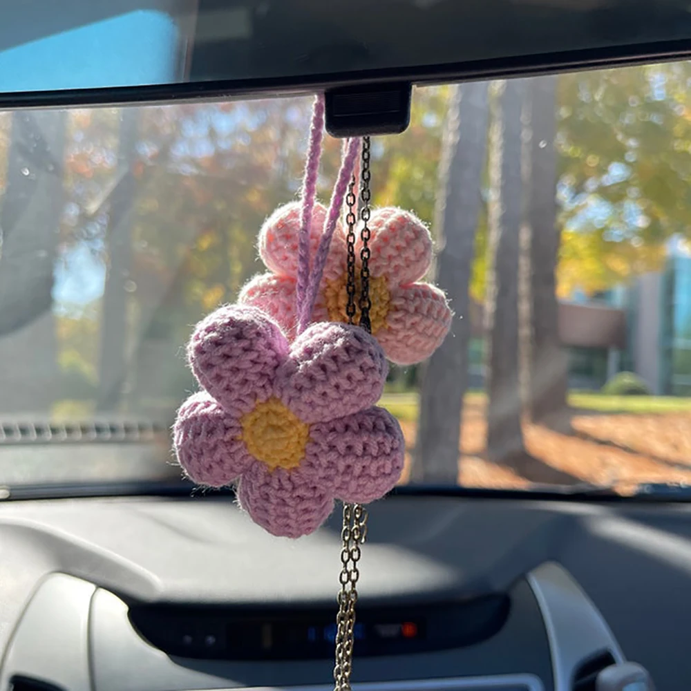 Kawaii Waffle Flower Car Mirror Hanging Accessories, Crochet Flower Car Rear View Mirror Accessories, Car Mirror Charm Hanging D