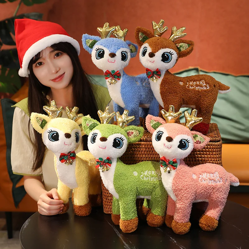 6pc Colors Cute Cartoon Christmas Elk Plush Doll Pillow Kawaii Standing Deer Plush Toy Home Decor Holiday Gift For Boys And Girl