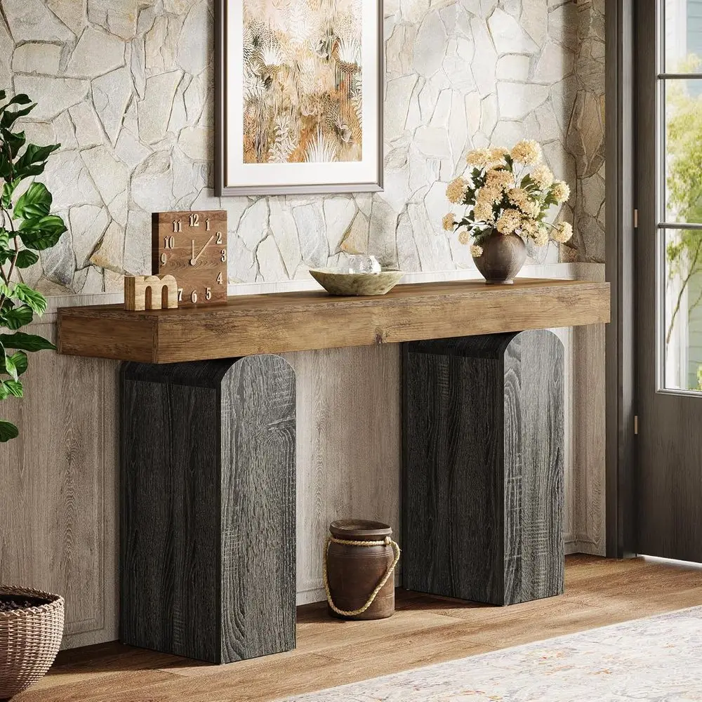 Long Entryway Table, Farmhouse Console Table with 2 Arched Pedestal Legs, Wooden Sofa Console Behind The Couch for Entrance, Hal