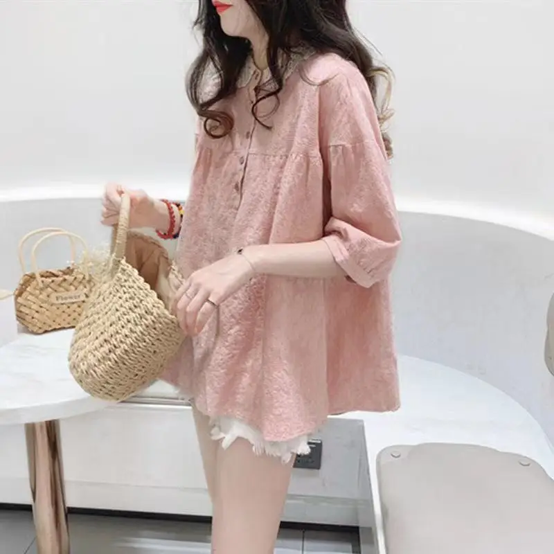 

Lace Collar Patchwork Short Sleeve Cotton Linen Shirt for Women Summer Loose Doll Collar Temperament Tops Fashion Women Clothing