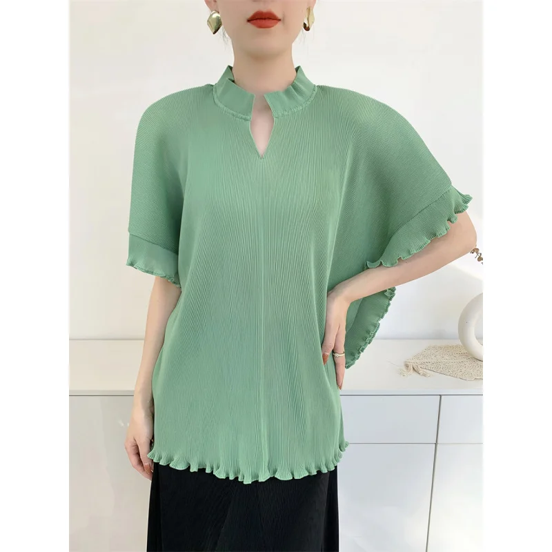 Miyake fashion trend brand counter quality spring new high-end pleated designer lazy style loose casual top [3607]