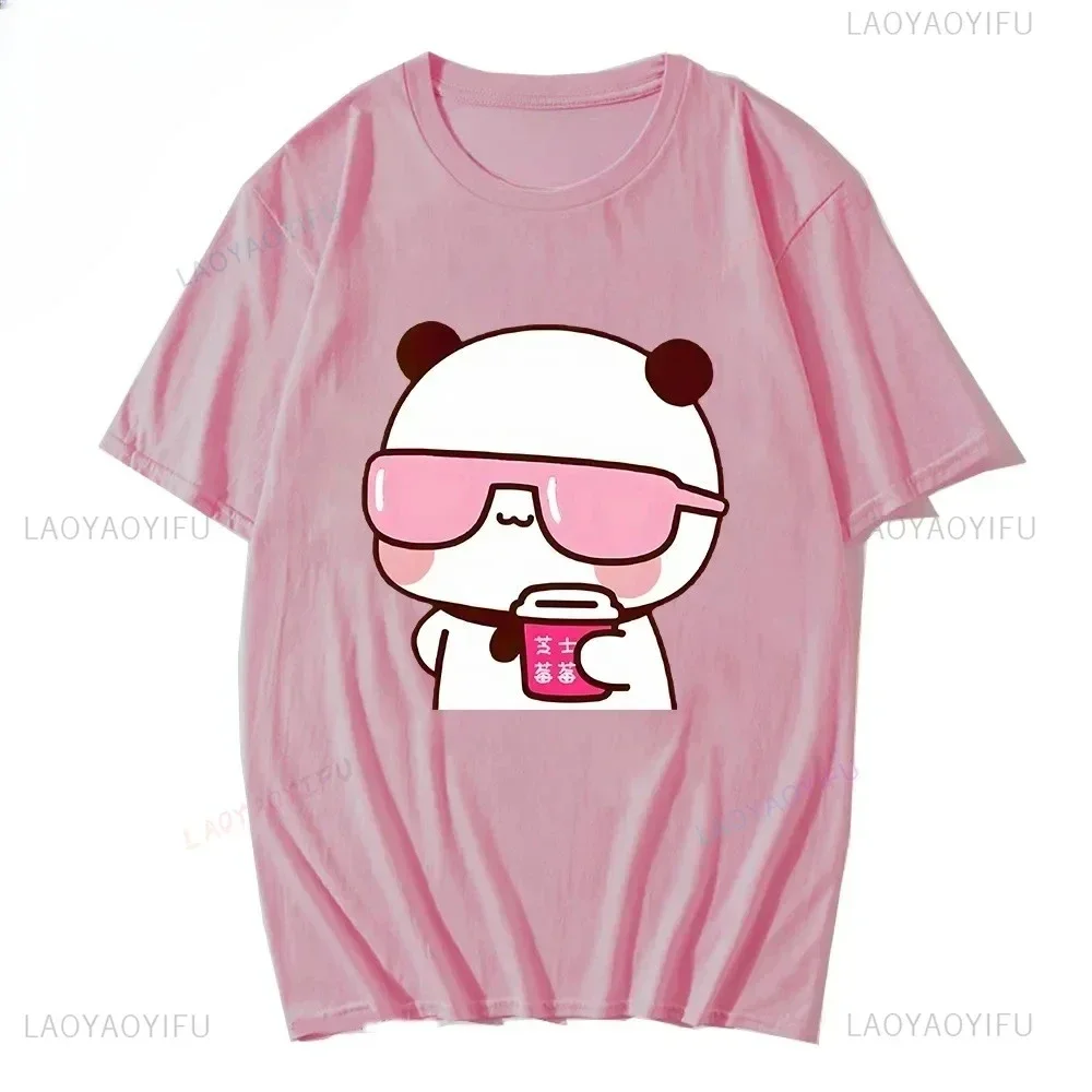 Couple Tee Bubu Is Watching Movies and Milk Tea with Dudu T-shirt Cartoon Cute Graphic Tees for Ladies Kawaii Cotton Unisex Tops