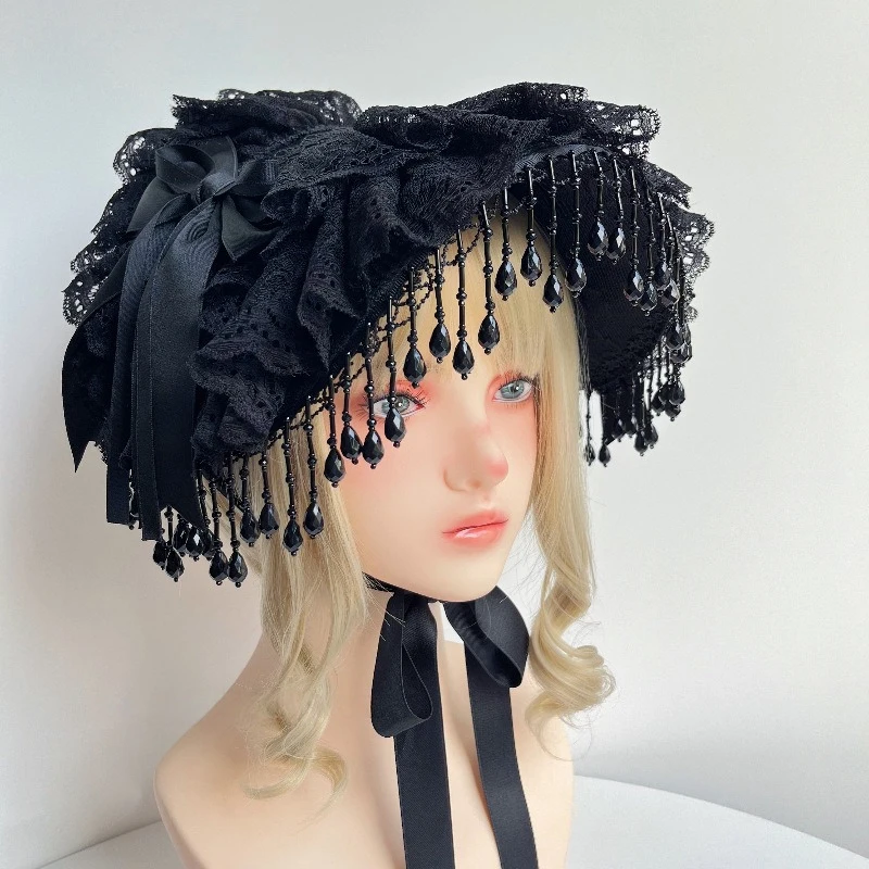 1pc Lolita Gothic Dark Headpiece Hat Black Pearl Tassel Lace Black Rose Feather Photo Prop Cosplay Headdress Hair Accessories