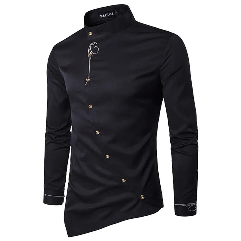 Fashion Mens Hipster Long Sleeve Embroidery Shirt Personality Oblique Button Irregular Casual Dress Shirt Men Tuxedo Shirts