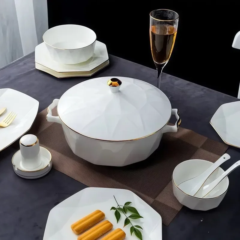 Luxury Diamond Bone China Tableware Set Elegant Porcelain Dinnerware Service for Home Dining Kitchen Decor