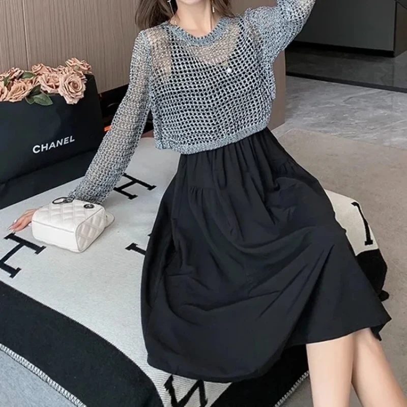 Women Spring Autumn Hollow Out Knit T Shirts Sling Dress 1 or Two Piece Set Korean Casual Tops Camisole Dresses Outfits Female