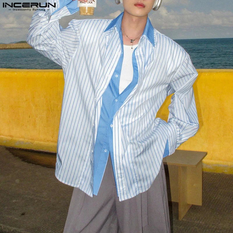 

INCERUN Мужская рубашка в полоску в стиле пэчворк с лацканами и длинным рукавом, свободная мужская одежда, уличная одежда, 2025 г., модные повседневные мужские рубашки в корейском стиле