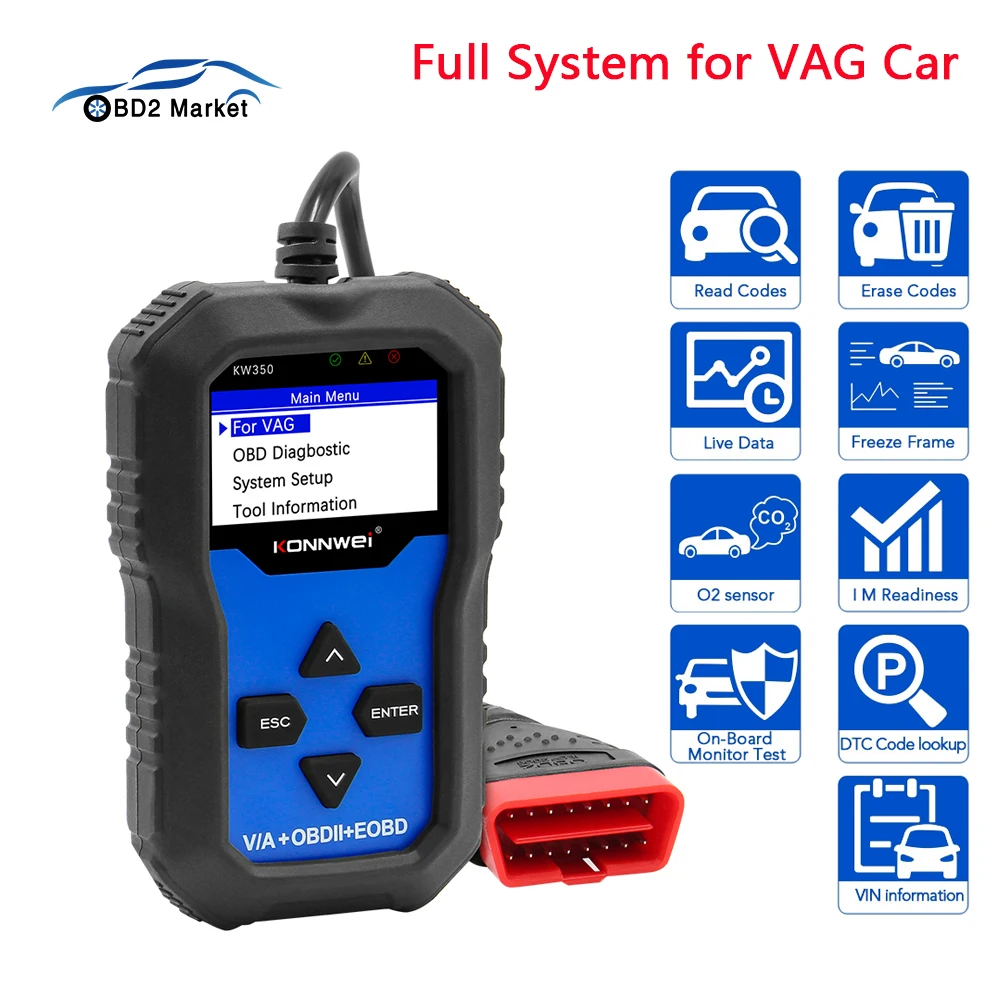 

KONNWEI KW350 For Full System VAG Car Code Scanner with ABS Airbag Reset Oil Service Light EPB Diagnostic Tool OBD2 Data Transfe