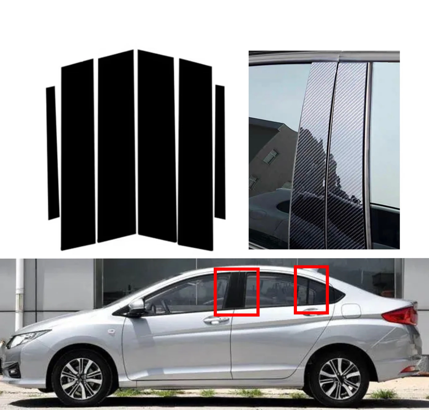 

Fit For Honda City 2009 2010 2011 2012 2013 6Pcs Silver Carbon Glossy Black Pillar Posts Door Side Trim Window Cover Sticker