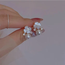 Sweet White Four Leaf Flower Zircon Pearl Pendant Stud Earrings for Women 2024 New Fashion Elegant Ladies Wedding Party Jewelry