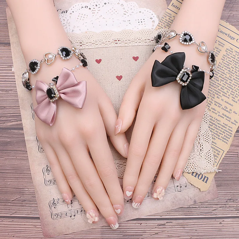 

Handmade Japanese sweet cool light lo pearl love rhinestone bow chain powder black bracelet girls lolita accessories for women