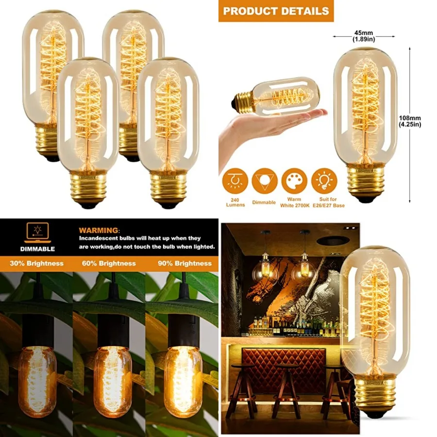 

Edison Bulbs, 4-Pack Vingtage Filament Light Bulb, T45 2700K Warm Light 40 Watt, 110V-130V E26/E27 Base Dimmable Decorative Ant
