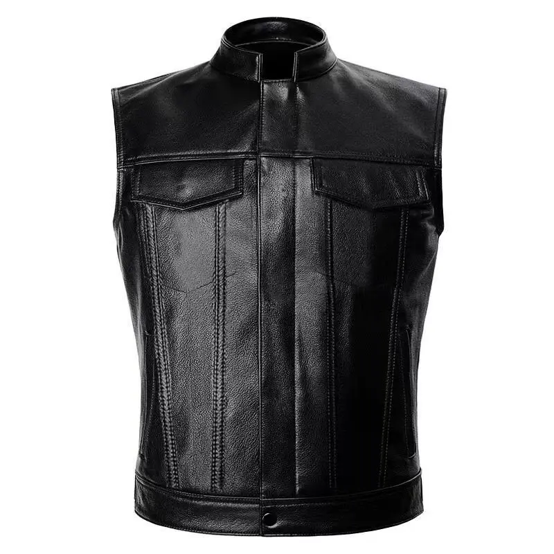 Son of Chaos in Motorcycle Style: Harley Motorcycle PU Leather Embroidered Vest Kam Shoulder Punk Fashion Leather Coat for Men