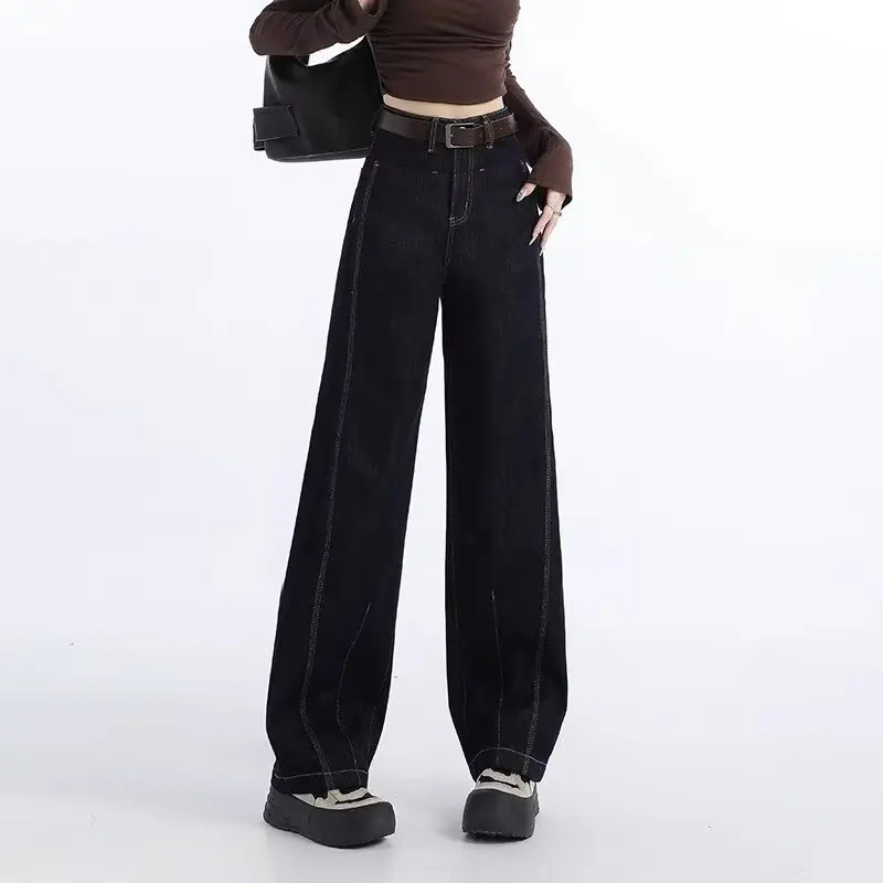 Fall/Winter Non-Fading Denim Wide-Leg Jeans For Women, Petite High Curved Cut Original Color Dark Blue Pants