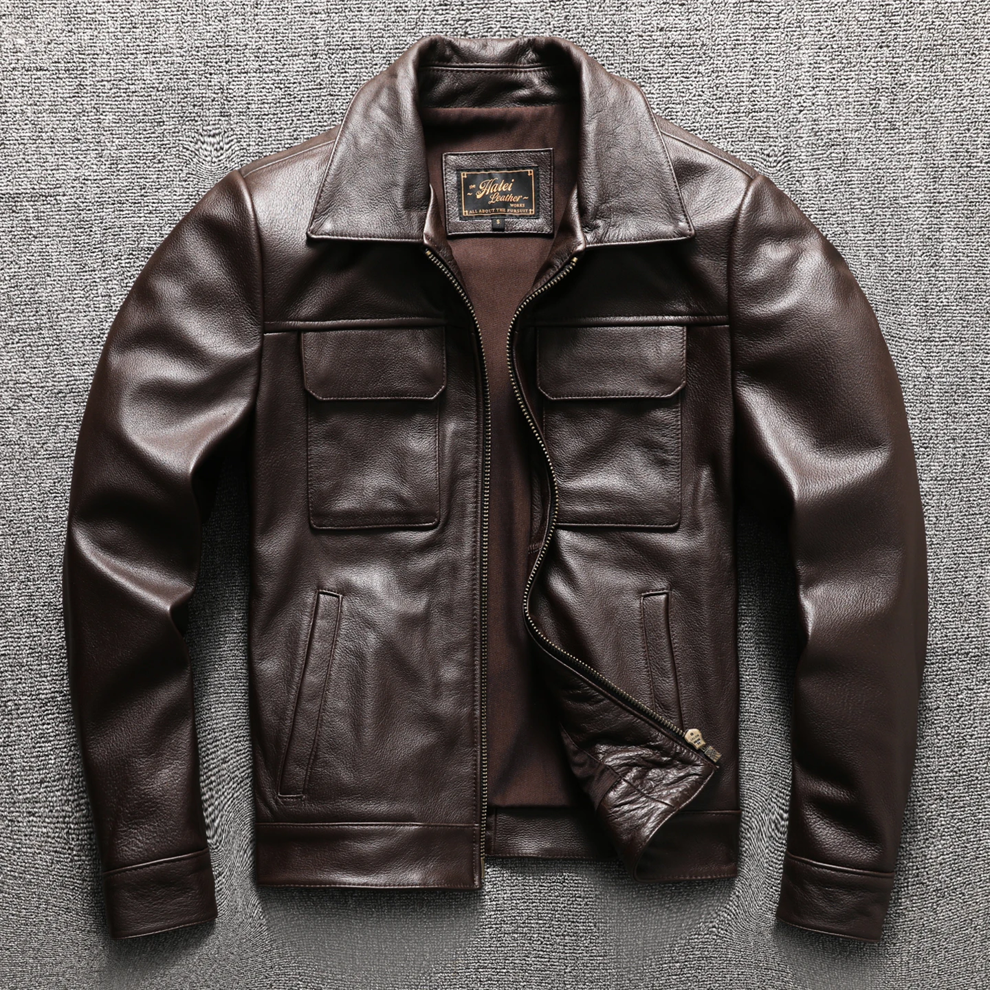 

2025 темно-коричневая осенняя кожаная куртка мужская умная повседневная стильная куртка размера плюс 5XL из натуральной яловой кожи с отложным воротником пальто