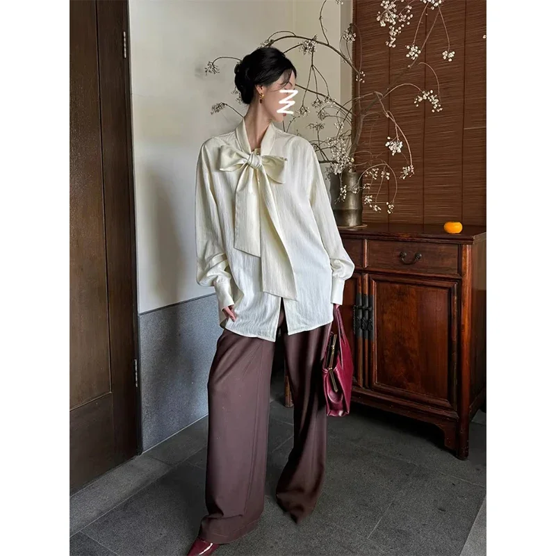 خمر التعادل قمصان النساء أنيقة القوس ضمادة البلوزات الصيف مكتب السيدات الكورية طويلة الأكمام واحدة الصدر تصميم بلايز عادية #3