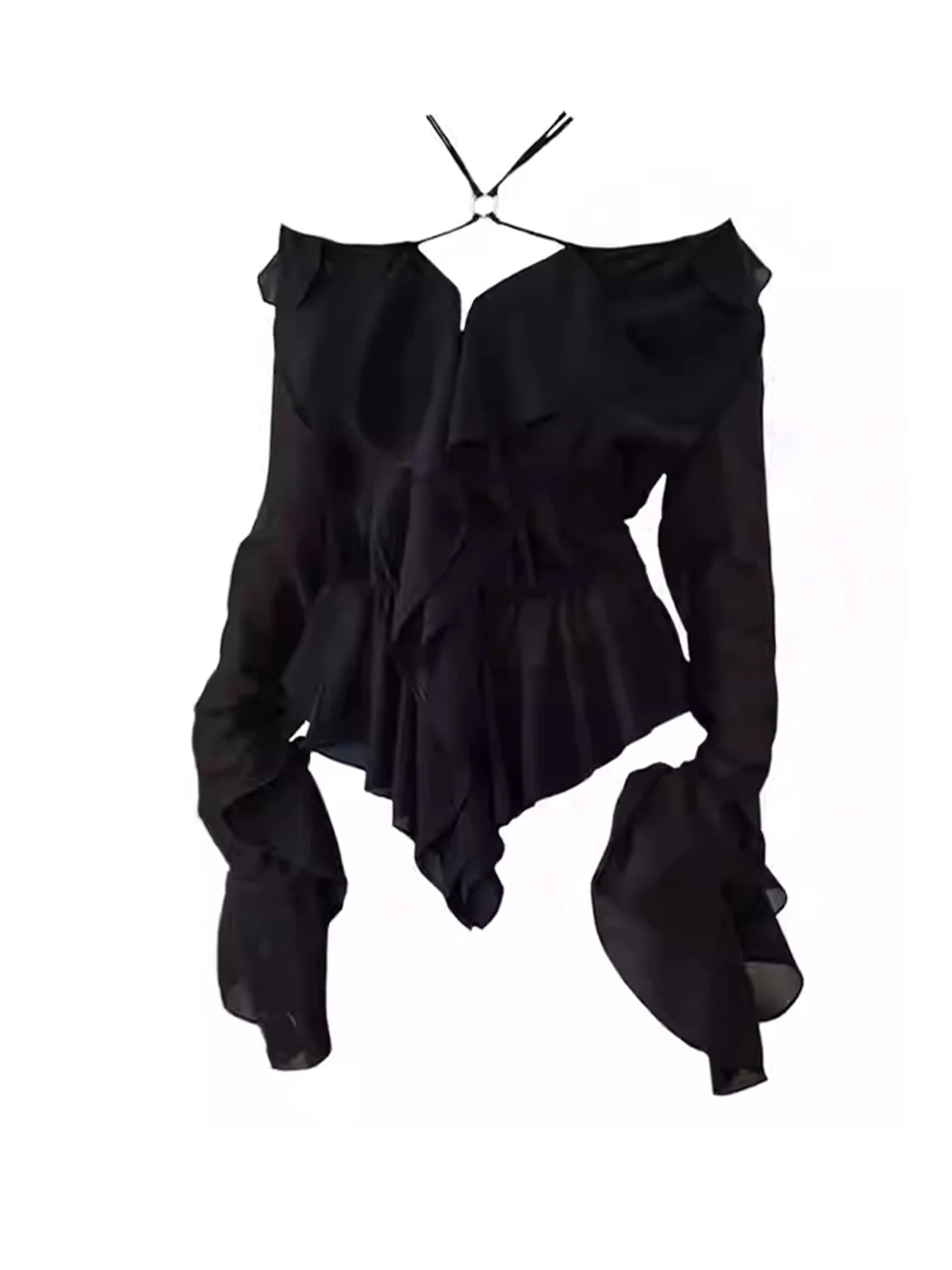 

Women's Chiffon Blouses Black Gothic Shirts Vintage Y2k Aesthetic 2000s Long Sleeve Slash Neck Ladies Top Fashion Clothes 2025