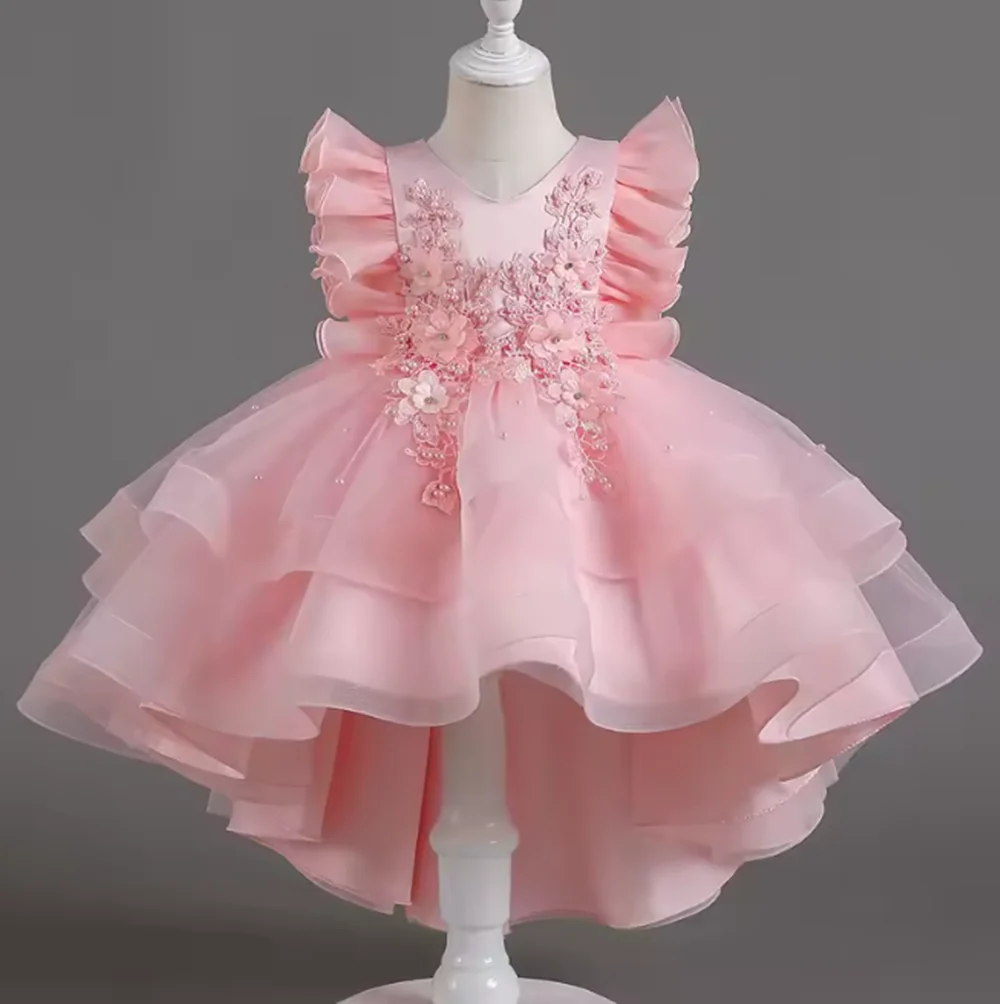 

Girls Summer Long Dress with Small Flying Sleeves Mesh Trailing Princess Style Sweet Bean Sand Ponchy