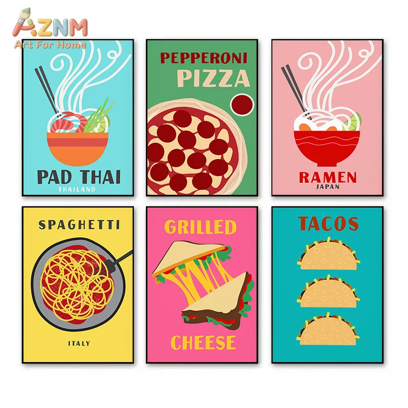 AZNM Colorful Retro Global Food Canvas Wall Art Print, Pizza Ramen Taco Pasta Sandwich Flat Illustration Kitchen Restaurant Deco