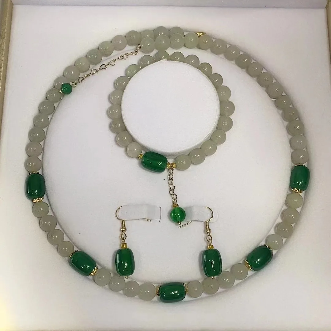 

Natural 100% real green jade round beads temperament pendant Bracelet necklace earring ear studs sets jewelry three-piece set